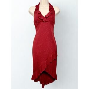 Vtg Y2K Rampage Ruby Red Ruffled Fishtail Wrap Dress Allover Gold Glitter